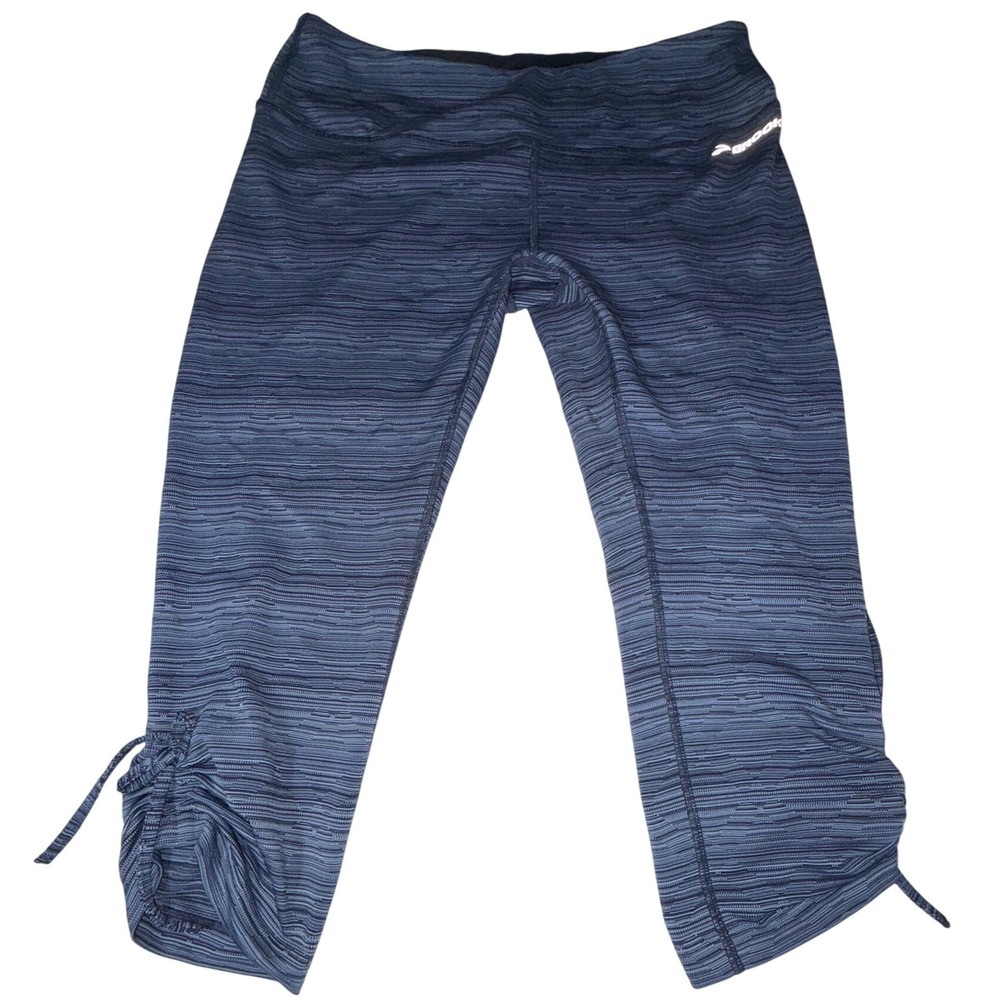 Brooks Urban Run Capri Leggings Womens M Blue Stripe Cinch Hem Equilibrium